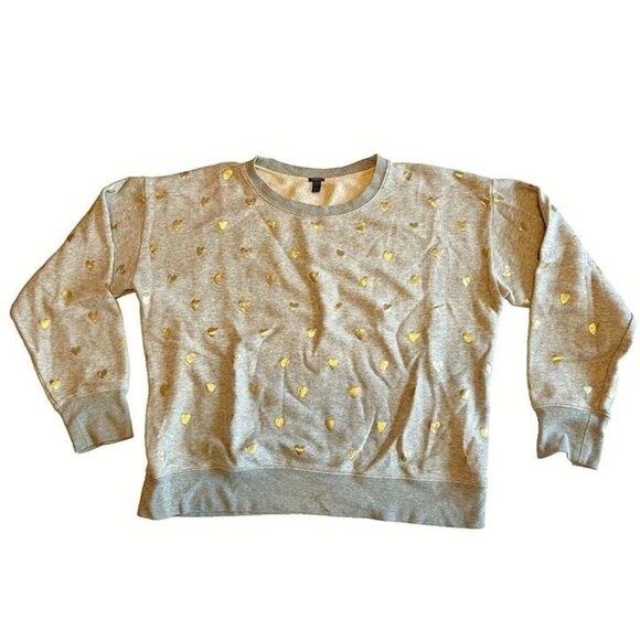 XL Woman J CREW Gray Crew Neck‎ Gold Hearts Cotton Sweater Preppy School Basic - Picture 1 of 5